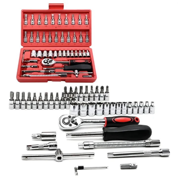 46 PCS Metric Socket Wrench & Bit Set – 1/4" Drive Ratchet Tool Kit with Extension Bar for Car, Bike, and Home Repairs – Durable Storage Case Included