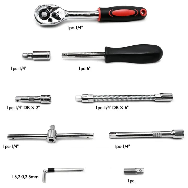 46 PCS Metric Socket Wrench & Bit Set – 1/4" Drive Ratchet Tool Kit with Extension Bar for Car, Bike, and Home Repairs – Durable Storage Case Included